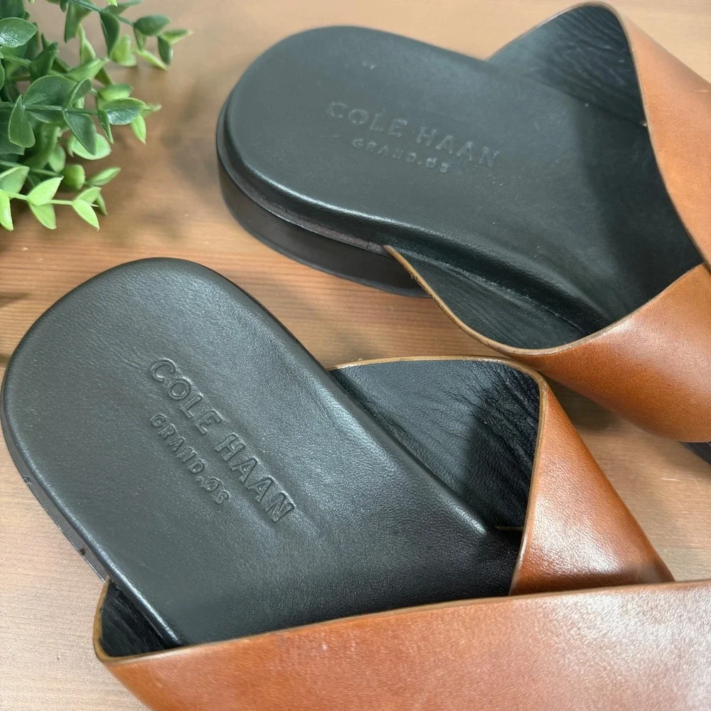 Cole Haan Mens Grand OS Cross Strap British Tan Leather Slide Sandals Size 9